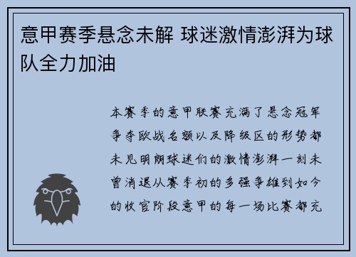 意甲赛季悬念未解 球迷激情澎湃为球队全力加油