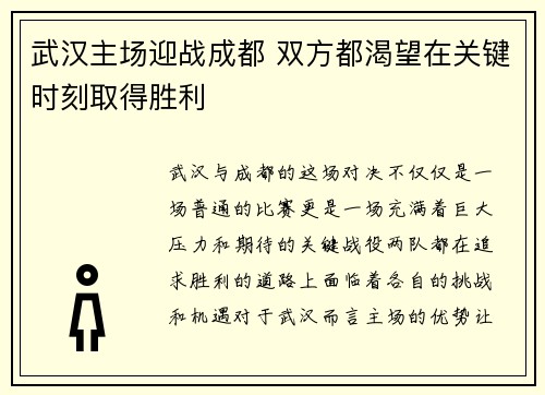 武汉主场迎战成都 双方都渴望在关键时刻取得胜利
