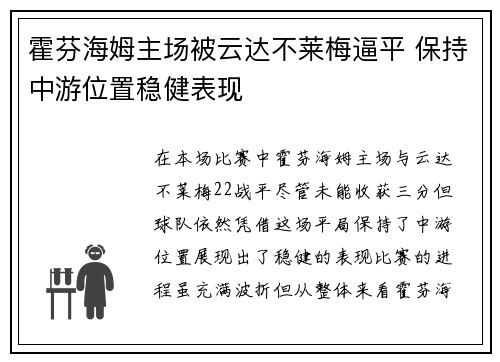 霍芬海姆主场被云达不莱梅逼平 保持中游位置稳健表现