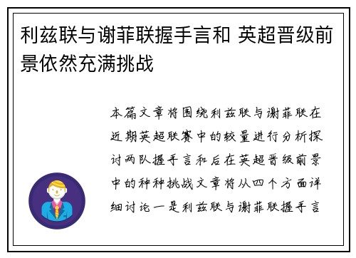 利兹联与谢菲联握手言和 英超晋级前景依然充满挑战