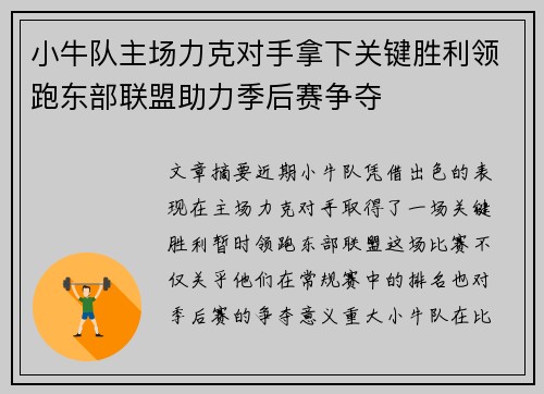 小牛队主场力克对手拿下关键胜利领跑东部联盟助力季后赛争夺