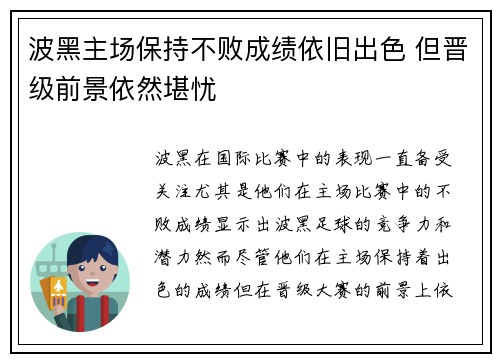 波黑主场保持不败成绩依旧出色 但晋级前景依然堪忧