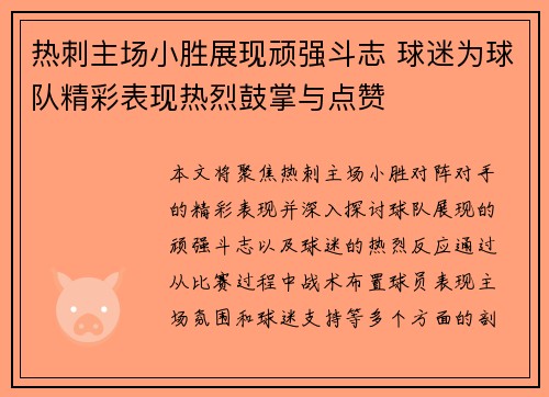 热刺主场小胜展现顽强斗志 球迷为球队精彩表现热烈鼓掌与点赞