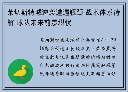 莱切斯特城逆袭遭遇瓶颈 战术体系待解 球队未来前景堪忧