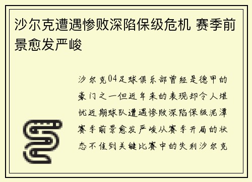 沙尔克遭遇惨败深陷保级危机 赛季前景愈发严峻