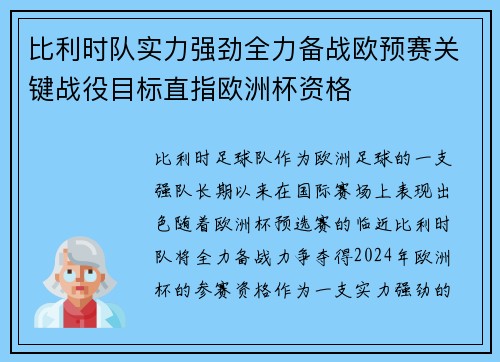比利时队实力强劲全力备战欧预赛关键战役目标直指欧洲杯资格