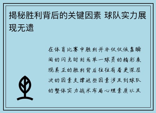 揭秘胜利背后的关键因素 球队实力展现无遗